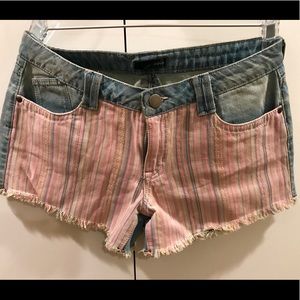 AQUA Pink Stripe Denim Frayed Cut Off Mini Shorts